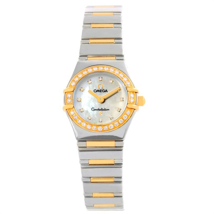 The image shows a frontal view of the Omega 1365.75.00 Women's Steel and Gold (two tone) Mother of Pearl Dial 1365.75.00 Women's Steel and Gold (two tone) Mother of Pearl Dial Constellation Mini Steel Yellow Gold Diamond Watch 1365.75.00, displaying its face and bracelet.