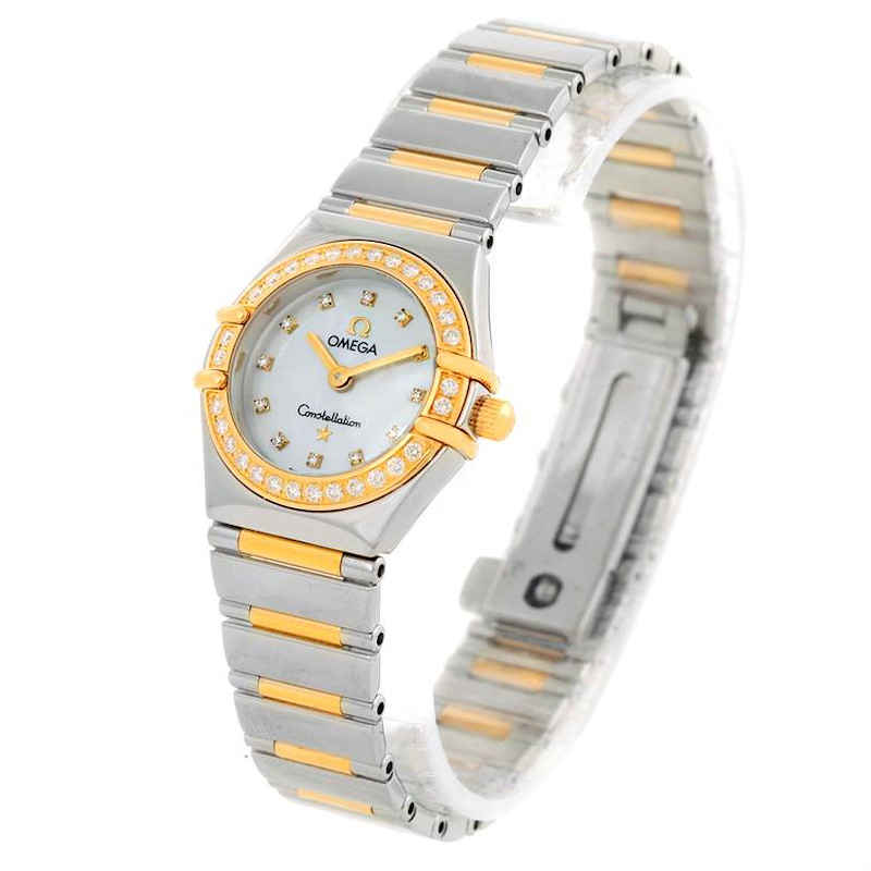 The Omega 1365.75.00 Women's Steel and Gold (two tone) Mother of Pearl Dial 1365.75.00 Women's Steel and Gold (two tone) Mother of Pearl Dial Constellation Mini Steel Yellow Gold Diamond Watch 1365.75.00 is shown at a slight angle, highlighting the face, bezel, and bracelet.