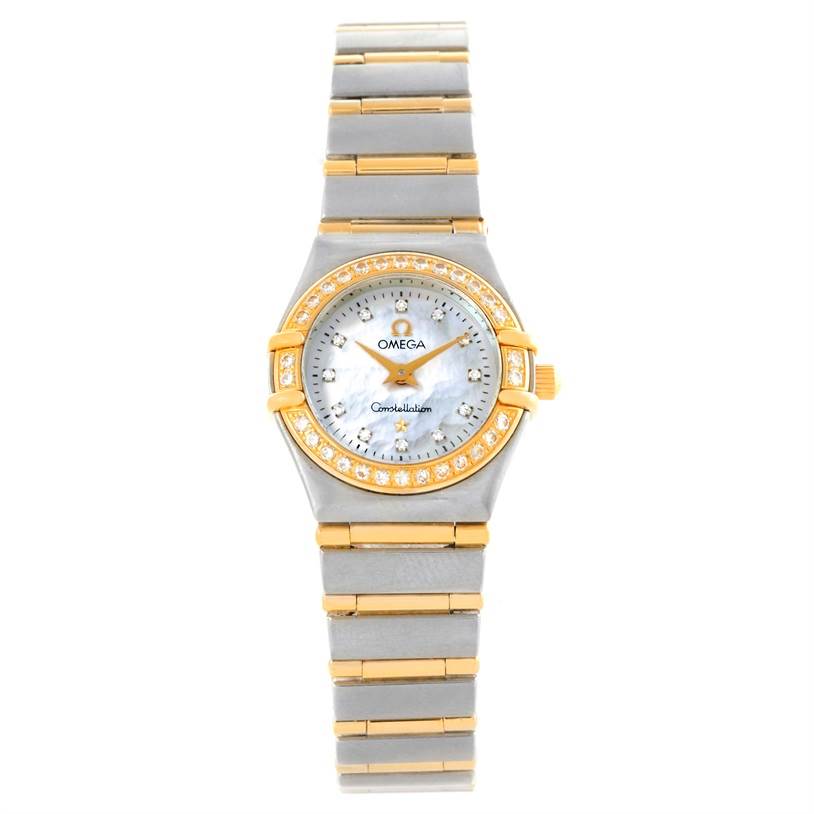 The image shows the full face and band of the Omega 1267.75.00 Women's Steel and Gold (two tone) Mother of Pearl Dial 1267.75.00 Women's Steel and Gold (two tone) Mother of Pearl Dial Constellation My Choice Mini Steel Gold Diamond Watch 1267.75.00.