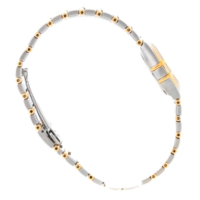 The image shows a side view of the Omega 1267.75.00 Women's Steel and Gold (two tone) Mother of Pearl Dial 1267.75.00 Women's Steel and Gold (two tone) Mother of Pearl Dial Constellation My Choice Mini Steel Gold Diamond Watch 1267.75.00, highlighting the clasp and bracelet.