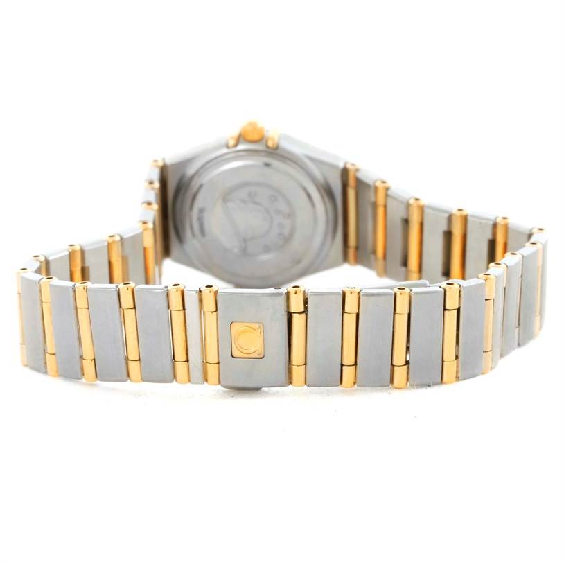 This image shows the back and bracelet of the Omega 1267.75.00 Women's Steel and Gold (two tone) Mother of Pearl Dial 1267.75.00 Women's Steel and Gold (two tone) Mother of Pearl Dial Constellation My Choice Mini Steel Gold Diamond Watch 1267.75.00.