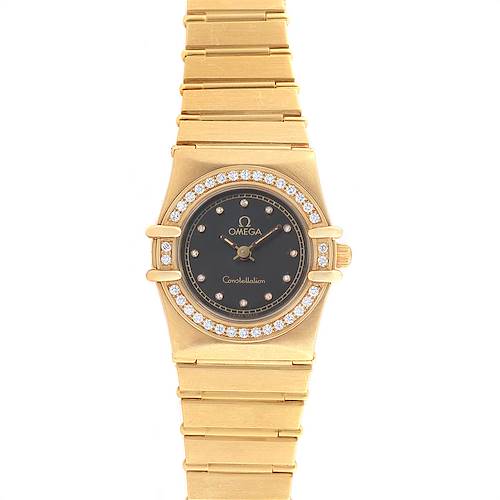 This image shows a front view of the Omega 1164.75.00 Women's Yellow Gold Black Dial 1164.75.00 Women's Yellow Gold Black Dial Constellation 18K Yellow Gold Diamond Ladies Watch 1164.75.00, highlighting its face and bracelet.