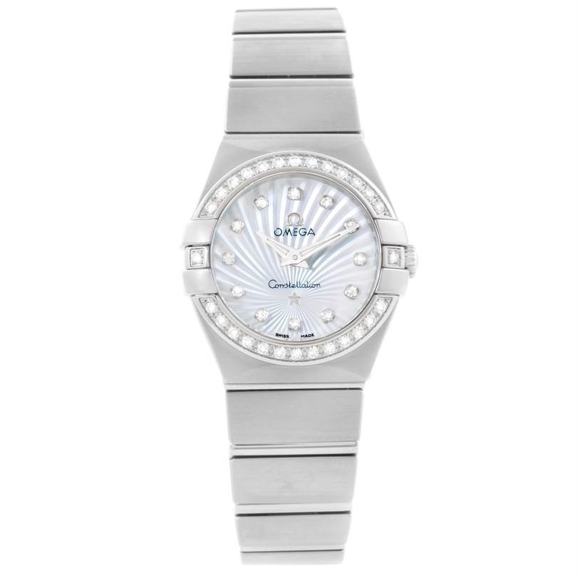 The image shows a front view of the Omega 123.15.27.60.55.002 Women's Stainless Steel Mother of Pearl Dial 123.15.27.60.55.002 Women's Stainless Steel Mother of Pearl Dial Constellation 27mm Diamond Ladies Watch 123.15.27.60.55.002.