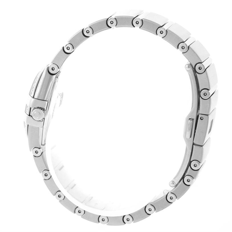 The image shows a side view of the Omega 123.15.27.60.55.002 Women's Stainless Steel Mother of Pearl Dial 123.15.27.60.55.002 Women's Stainless Steel Mother of Pearl Dial Constellation 27mm Diamond Ladies Watch 123.15.27.60.55.002, highlighting its bracelet and case.