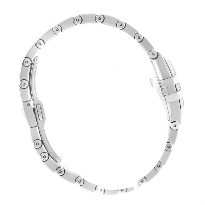 The image shows a side view of the Omega 123.15.27.60.55.002 Women's Stainless Steel Mother of Pearl Dial 123.15.27.60.55.002 Women's Stainless Steel Mother of Pearl Dial Constellation 27mm Diamond Ladies Watch 123.15.27.60.55.002, highlighting its band and clasp.