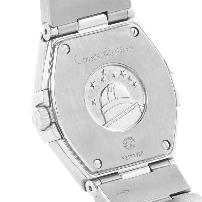 This image shows the back view of the Omega 123.15.27.60.55.002 Women's Stainless Steel Mother of Pearl Dial 123.15.27.60.55.002 Women's Stainless Steel Mother of Pearl Dial Constellation 27mm Diamond Ladies Watch model 123.15.27.60.55.002.