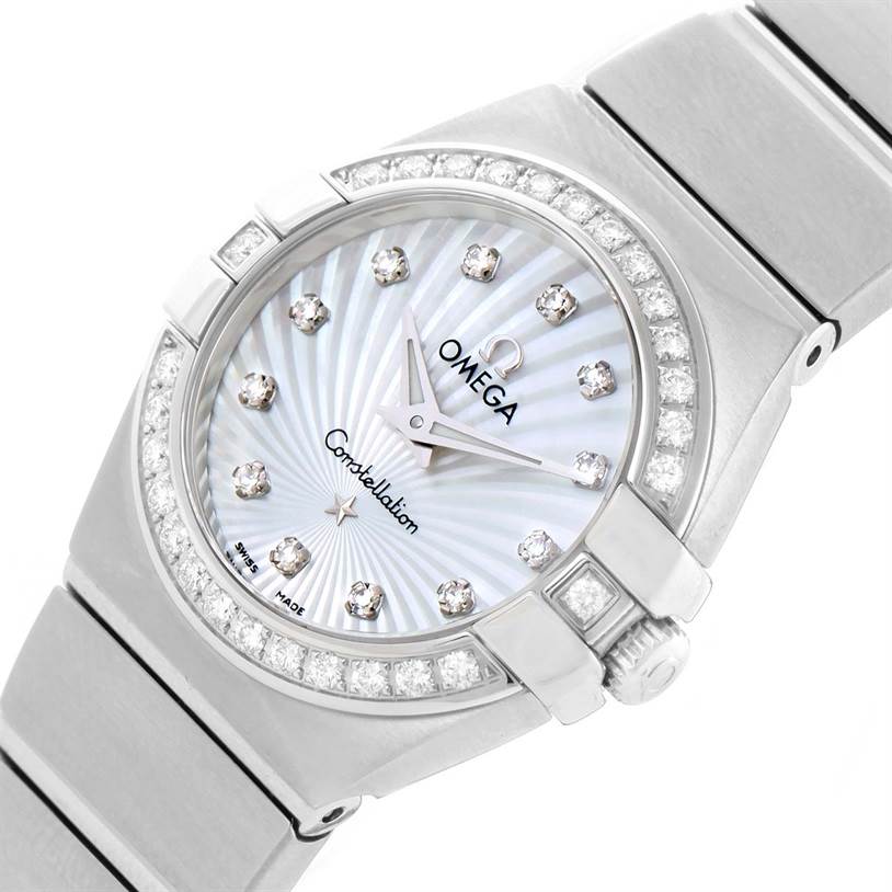This image shows a close-up of the Omega 123.15.27.60.55.002 Women's Stainless Steel Mother of Pearl Dial 123.15.27.60.55.002 Women's Stainless Steel Mother of Pearl Dial Constellation 27mm Diamond Ladies Watch 123.15.27.60.55.002, highlighting the face and part of the bracelet.