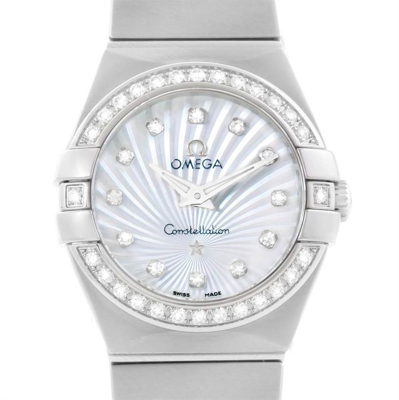 The image shows a front view of the Omega 123.15.27.60.55.002 Women's Stainless Steel Mother of Pearl Dial 123.15.27.60.55.002 Women's Stainless Steel Mother of Pearl Dial Constellation 27mm Diamond Ladies Watch 123.15.27.60.55.002, highlighting the dial and bezel.