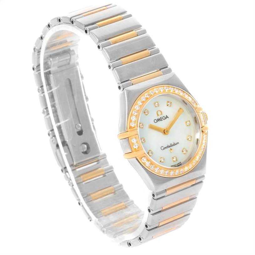 This image shows an Omega 1376.75.00 Women's Steel and Gold (two tone) Mother of Pearl Dial 1376.75.00 Women's Steel and Gold (two tone) Mother of Pearl Dial Constellation My Choice Steel Yellow Gold Diamond Watch 1376.75.00 from a high-angle side view.