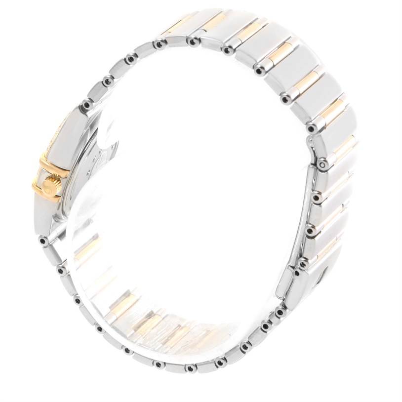 This image shows the side view of an Omega 1376.75.00 Women's Steel and Gold (two tone) Mother of Pearl Dial 1376.75.00 Women's Steel and Gold (two tone) Mother of Pearl Dial Constellation My Choice Steel Yellow Gold Diamond Watch 1376.75.00, focusing on the bracelet and clasp.