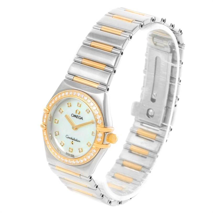 This image shows the Omega 1376.75.00 Women's Steel and Gold (two tone) Mother of Pearl Dial 1376.75.00 Women's Steel and Gold (two tone) Mother of Pearl Dial Constellation My Choice Steel Yellow Gold Diamond Watch 1376.75.00 from a front angle.