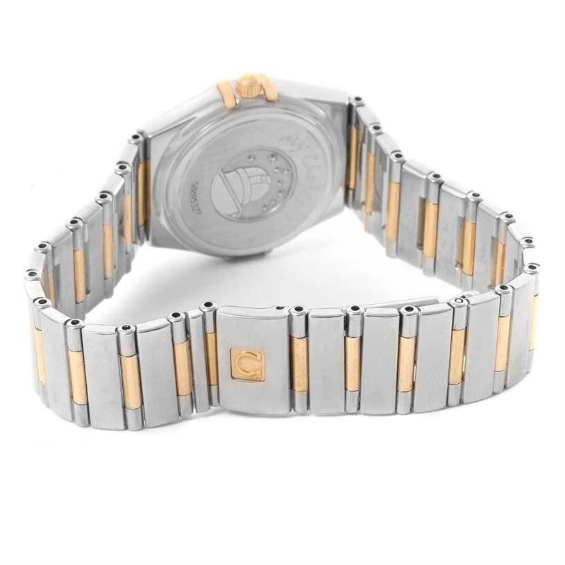 The image shows the back view and bracelet of the Omega 1376.75.00 Women's Steel and Gold (two tone) Mother of Pearl Dial 1376.75.00 Women's Steel and Gold (two tone) Mother of Pearl Dial Constellation My Choice Steel Yellow Gold Diamond Watch 1376.75.00.