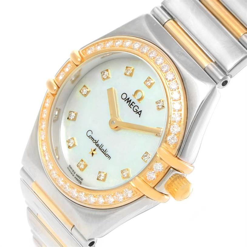 The image shows a close-up of the face and part of the bracelet of the Omega 1376.75.00 Women's Steel and Gold (two tone) Mother of Pearl Dial 1376.75.00 Women's Steel and Gold (two tone) Mother of Pearl Dial Constellation My Choice Steel Yellow Gold Diamond Watch 1376.75.00.
