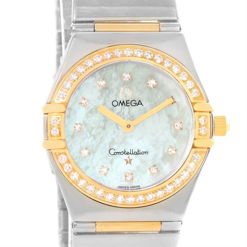 This is a close-up of the Omega 1376.75.00 Women's Steel and Gold (two tone) Mother of Pearl Dial 1376.75.00 Women's Steel and Gold (two tone) Mother of Pearl Dial Constellation My Choice Steel Yellow Gold Diamond Watch 1376.75.00, showing the face and part of the bracelet.