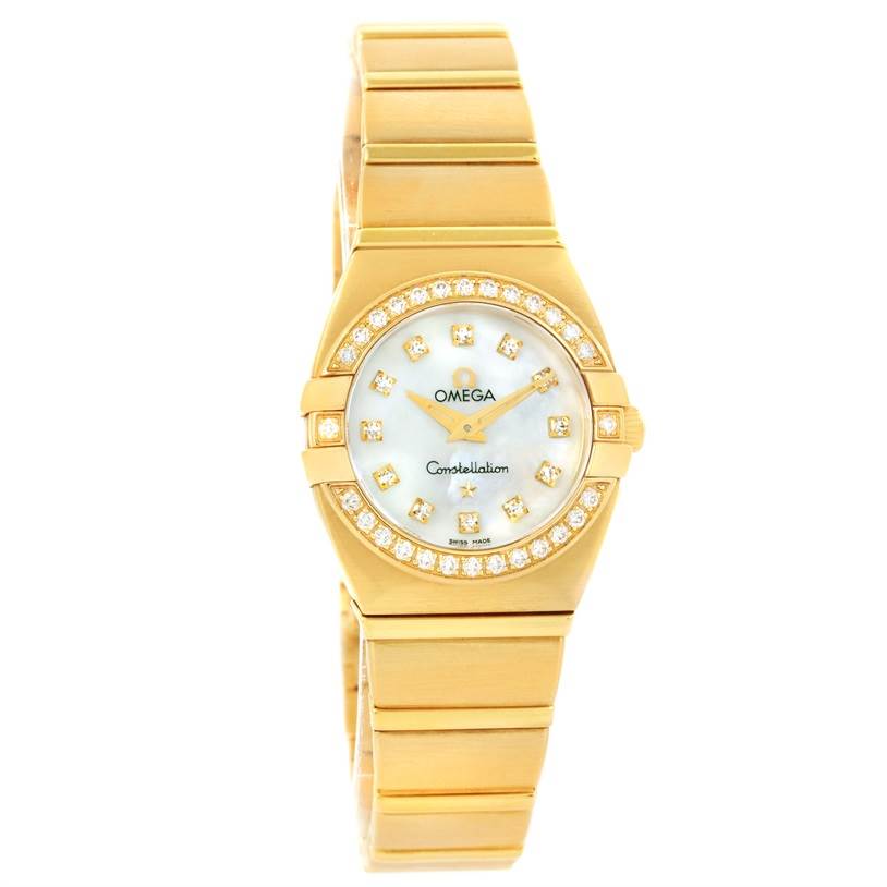 The image shows a front view of the Omega 1189.75.00 Women's Yellow Gold Mother of Pearl Dial 1189.75.00 Women's Yellow Gold Mother of Pearl Dial Constellation Double Eagle Yellow Gold Diamond Watch 1189.75.00, highlighting its bracelet, bezel, and face.