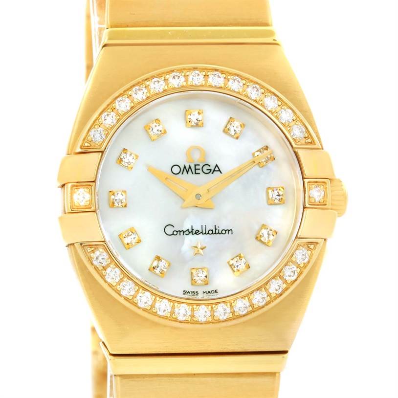 The image shows a front view of the Omega 1189.75.00 Women's Yellow Gold Mother of Pearl Dial 1189.75.00 Women's Yellow Gold Mother of Pearl Dial Constellation Double Eagle Yellow Gold Diamond Watch 1189.75.00, highlighting the bezel and dial.
