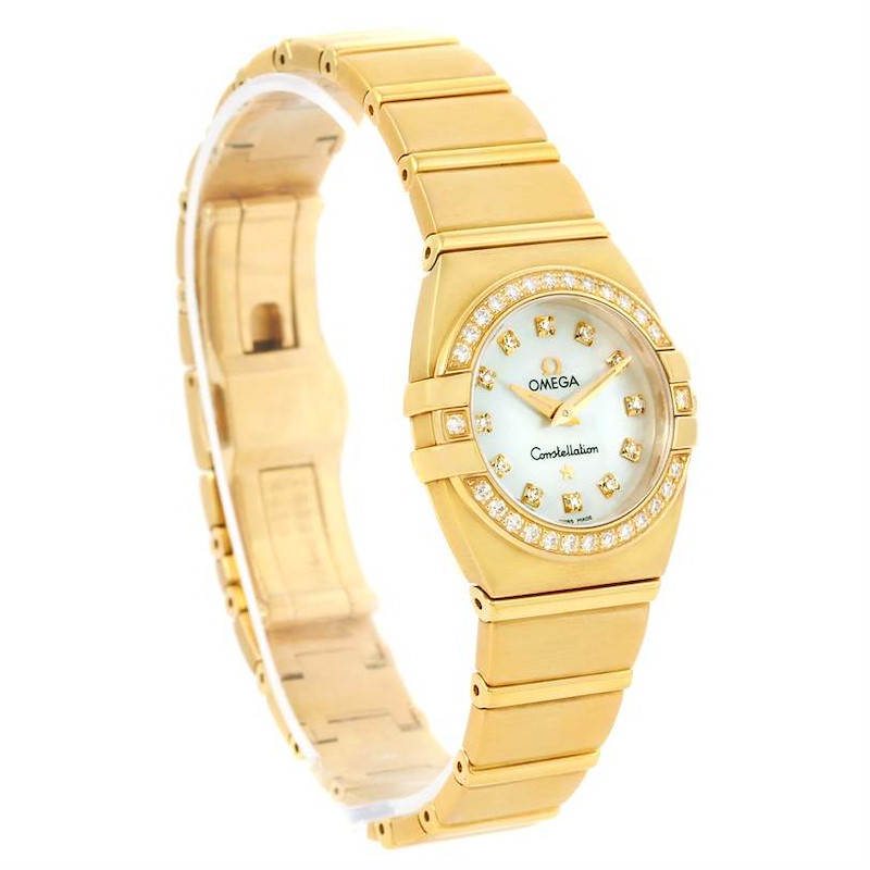 The image shows an Omega 1189.75.00 Women's Yellow Gold Mother of Pearl Dial 1189.75.00 Women's Yellow Gold Mother of Pearl Dial Constellation Double Eagle Yellow Gold Diamond Watch 1189.75.00 from an angled side view.