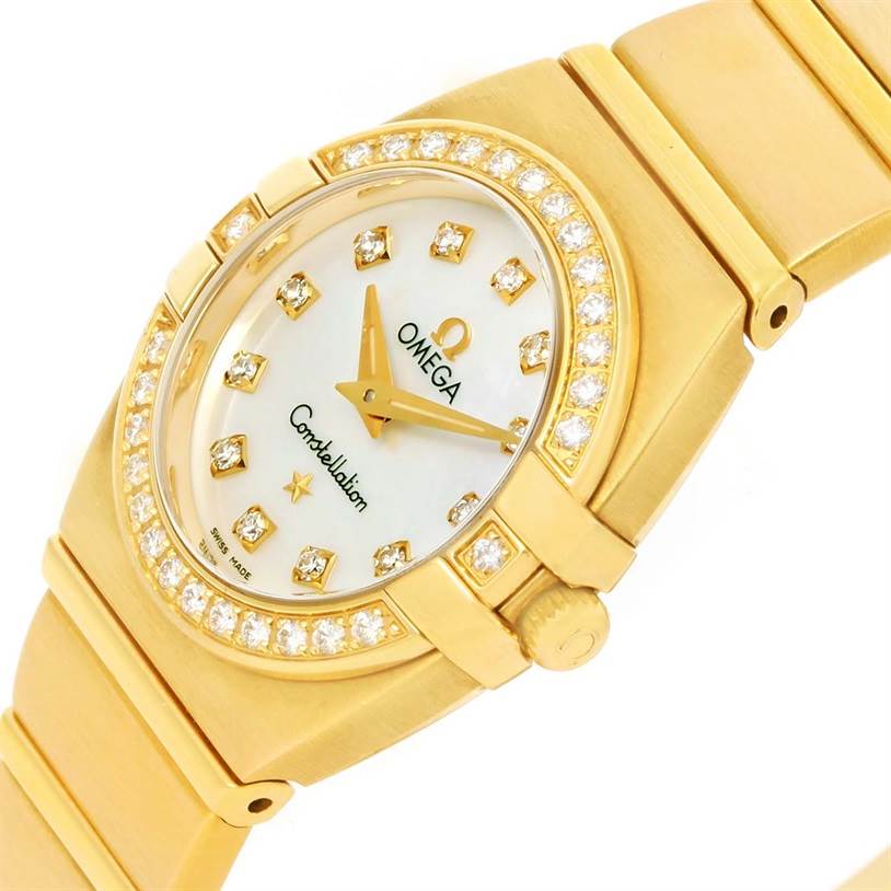 The Omega 1189.75.00 Women's Yellow Gold Mother of Pearl Dial 1189.75.00 Women's Yellow Gold Mother of Pearl Dial Constellation Double Eagle Yellow Gold Diamond Watch 1189.75.00 is shown at a slight angle, highlighting the face, bezel, and bracelet.