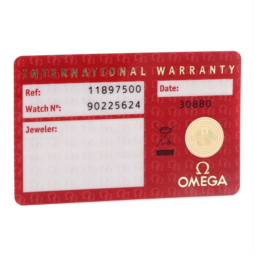 This image shows the International Warranty card for the Omega 1189.75.00 Women's Yellow Gold Mother of Pearl Dial 1189.75.00 Women's Yellow Gold Mother of Pearl Dial Constellation Double Eagle Yellow Gold Diamond Watch model 1189.75.00.