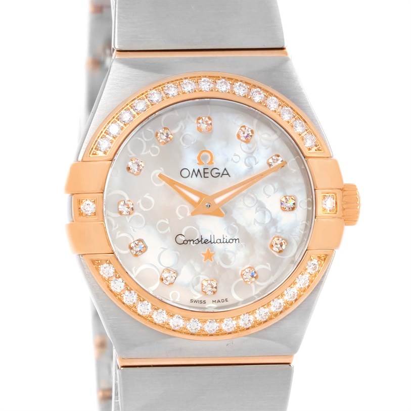 This image shows a front view of the Omega 123.25.27.60.55.009 Women's Steel and Gold (two tone) Mother of Pearl Dial 123.25.27.60.55.009 Women's Steel and Gold (two tone) Mother of Pearl Dial Constellation Diamond Steel Rose Gold Watch model 123.25.27.60.55.009, highlighting its face and bezel.