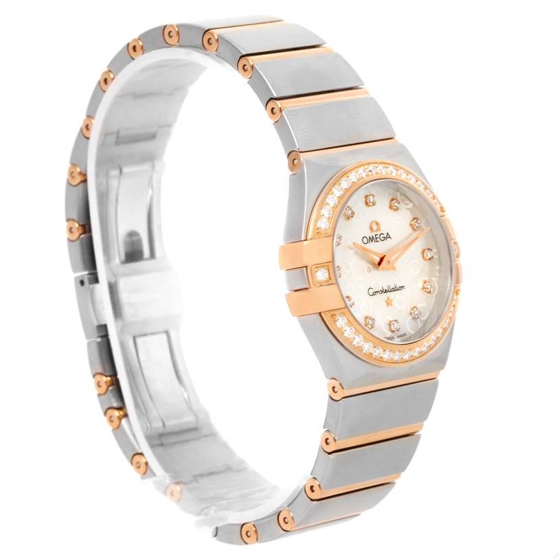 The Omega 123.25.27.60.55.009 Women's Steel and Gold (two tone) Mother of Pearl Dial 123.25.27.60.55.009 Women's Steel and Gold (two tone) Mother of Pearl Dial Constellation Diamond Steel Rose Gold Watch 123.25.27.60.55.009 is shown at a side angle highlighting its bracelet and face.