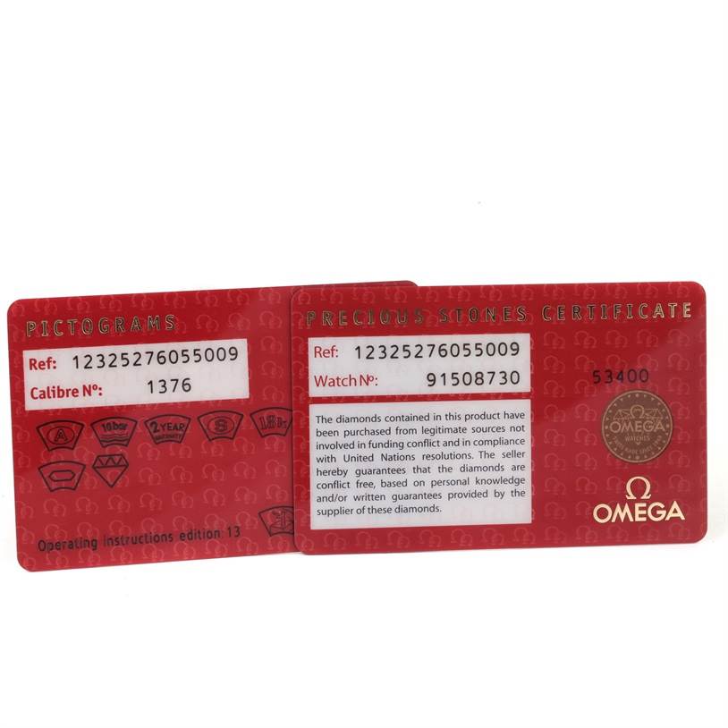 The image shows the warranty and precious stones certificate cards for the Omega 123.25.27.60.55.009 Women's Steel and Gold (two tone) Mother of Pearl Dial 123.25.27.60.55.009 Women's Steel and Gold (two tone) Mother of Pearl Dial Constellation Diamond Steel Rose Gold Watch 123.25.27.60.55.009.