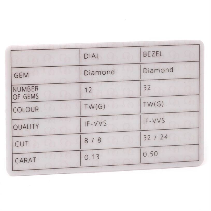 This image shows a diamond certificate for the Omega 123.25.27.60.55.009 Women's Steel and Gold (two tone) Mother of Pearl Dial 123.25.27.60.55.009 Women's Steel and Gold (two tone) Mother of Pearl Dial Constellation Diamond Steel Rose Gold Watch 123.25.27.60.55.009, detailing the dial and bezel.