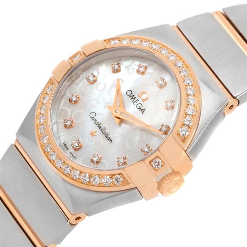 The Omega 123.25.27.60.55.009 Women's Steel and Gold (two tone) Mother of Pearl Dial 123.25.27.60.55.009 Women's Steel and Gold (two tone) Mother of Pearl Dial Constellation Diamond Steel Rose Gold Watch 123.25.27.60.55.009 is shown at an angle displaying the face, bezel, and part of the bracelet.