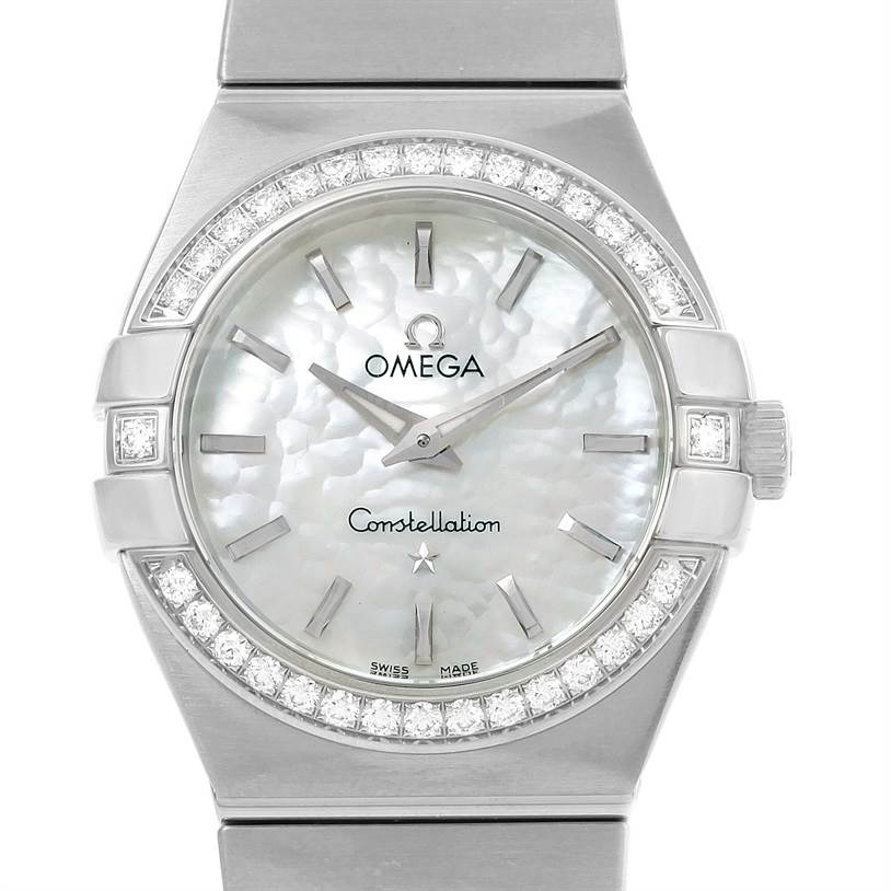 The image shows a front view of the Omega 123.15.27.60.05.001 Women's Stainless Steel Mother of Pearl Dial 123.15.27.60.05.001 Women's Stainless Steel Mother of Pearl Dial Constellation 27mm Diamond Ladies Watch, model 123.15.27.60.05.001, highlighting its dial and bezel.