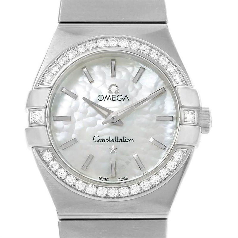 The image shows a front view of the Omega 123.15.27.60.05.001 Women's Stainless Steel Mother of Pearl Dial 123.15.27.60.05.001 Women's Stainless Steel Mother of Pearl Dial Constellation 27mm Diamond Ladies Watch, model 123.15.27.60.05.001, highlighting its dial and bezel.