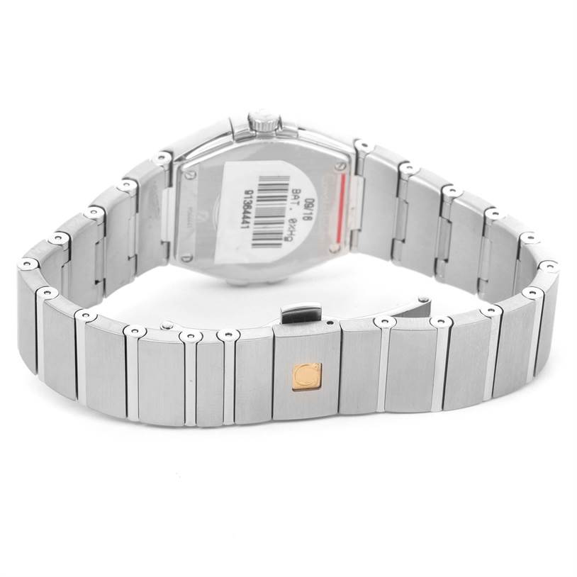 The image shows the back and bracelet of the Omega 123.15.27.60.05.001 Women's Stainless Steel Mother of Pearl Dial 123.15.27.60.05.001 Women's Stainless Steel Mother of Pearl Dial Constellation 27mm Diamond Ladies Watch model 123.15.27.60.05.001.