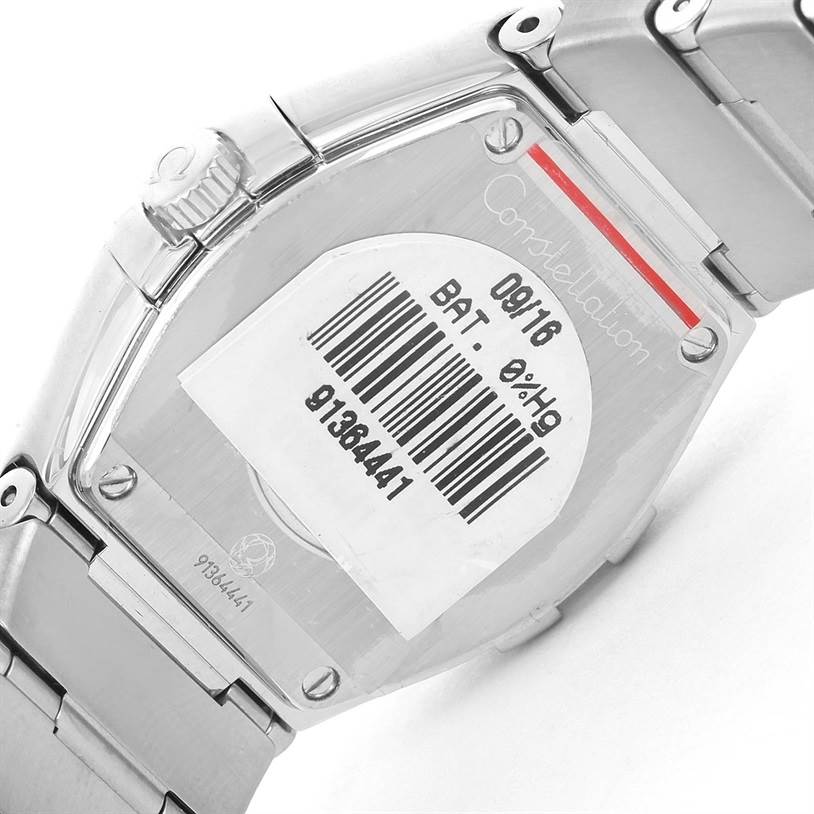 The image shows the back of the Omega 123.15.27.60.05.001 Women's Stainless Steel Mother of Pearl Dial 123.15.27.60.05.001 Women's Stainless Steel Mother of Pearl Dial Constellation 27mm Diamond Ladies Watch 123.15.27.60.05.001, including its case back and part of the bracelet.