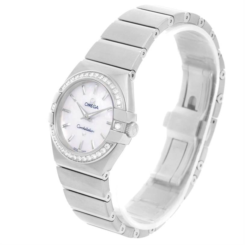 The Omega 123.15.27.60.05.001 Women's Stainless Steel Mother of Pearl Dial 123.15.27.60.05.001 Women's Stainless Steel Mother of Pearl Dial Constellation 27mm Diamond Ladies Watch 123.15.27.60.05.001 is shown at a slight angle, highlighting the face, bezel, and bracelet.
