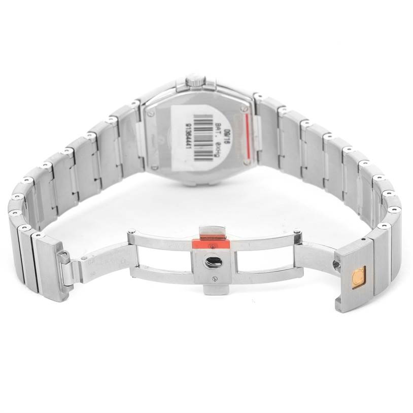 The image shows the open stainless steel bracelet and the back of the Omega 123.15.27.60.05.001 Women's Stainless Steel Mother of Pearl Dial 123.15.27.60.05.001 Women's Stainless Steel Mother of Pearl Dial Constellation 27mm Diamond Ladies Watch, model 123.15.27.60.05.001.