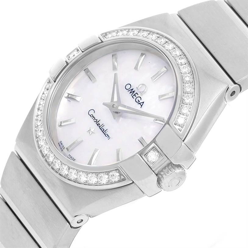 This image shows a close-up of the face and side crown of the Omega 123.15.27.60.05.001 Women's Stainless Steel Mother of Pearl Dial 123.15.27.60.05.001 Women's Stainless Steel Mother of Pearl Dial Constellation 27mm Diamond Ladies Watch 123.15.27.60.05.001.