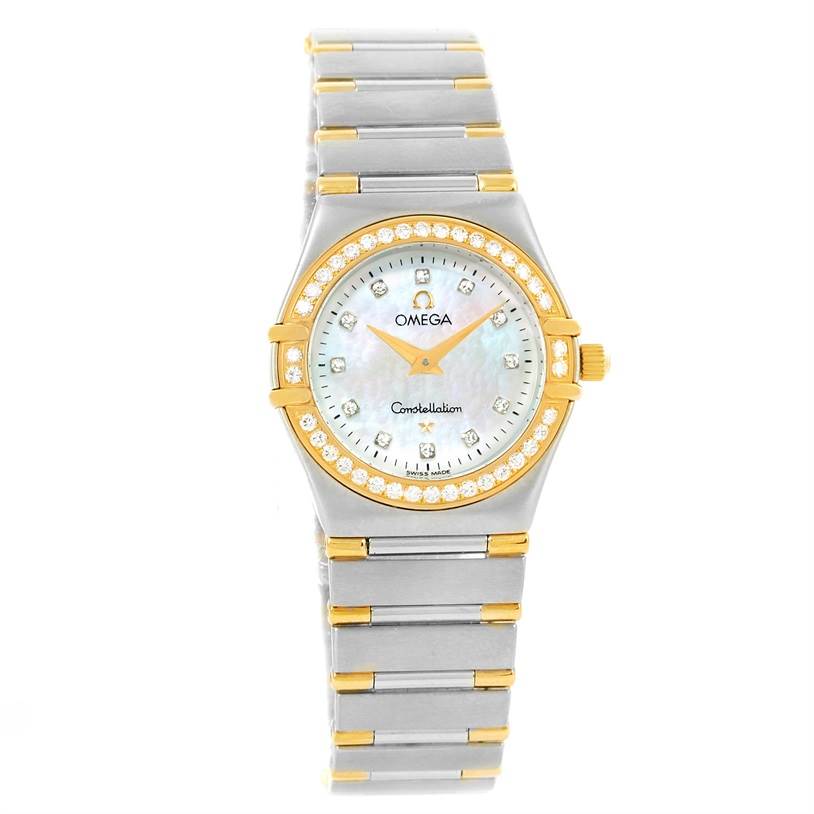 This image shows the front view of the Omega 1376.75.00 Women's Steel and Gold (two tone) Mother of Pearl Dial 1376.75.00 Women's Steel and Gold (two tone) Mother of Pearl Dial Constellation My Choice Steel Yellow Gold Diamond Watch 1376.75.00, displaying its dial and bracelet.