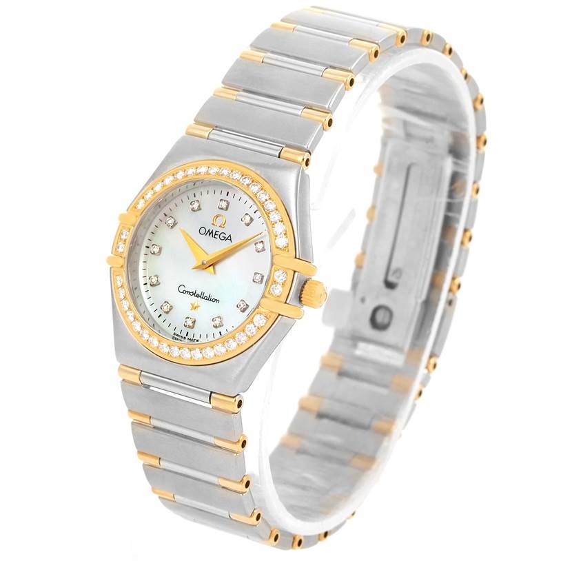 The Omega 1376.75.00 Women's Steel and Gold (two tone) Mother of Pearl Dial 1376.75.00 Women's Steel and Gold (two tone) Mother of Pearl Dial Constellation My Choice Steel Yellow Gold Diamond Watch 1376.75.00 is shown at a slight angle displaying the face, bezel, and bracelet.