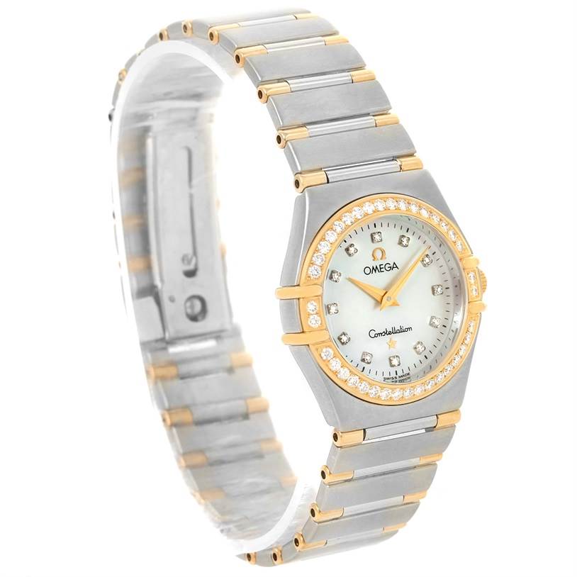 The image shows an Omega 1376.75.00 Women's Steel and Gold (two tone) Mother of Pearl Dial 1376.75.00 Women's Steel and Gold (two tone) Mother of Pearl Dial Constellation My Choice Steel Yellow Gold Diamond Watch 1376.75.00 from a front and slightly tilted side angle.