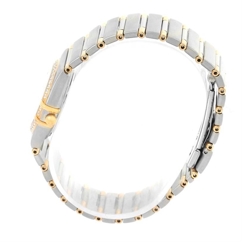 The image shows a side view of the Omega 1376.75.00 Women's Steel and Gold (two tone) Mother of Pearl Dial 1376.75.00 Women's Steel and Gold (two tone) Mother of Pearl Dial Constellation My Choice Steel Yellow Gold Diamond Watch 1376.75.00, highlighting its bracelet and clasp.