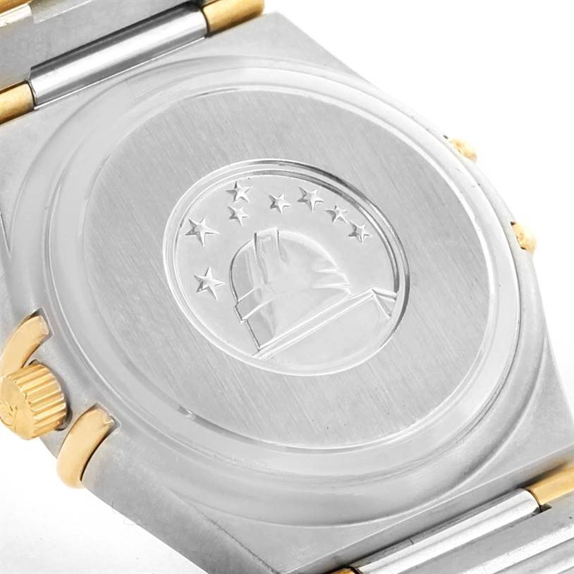 The image shows the back case of the Omega 1376.75.00 Women's Steel and Gold (two tone) Mother of Pearl Dial 1376.75.00 Women's Steel and Gold (two tone) Mother of Pearl Dial Constellation My Choice Steel Yellow Gold Diamond Watch 1376.75.00.