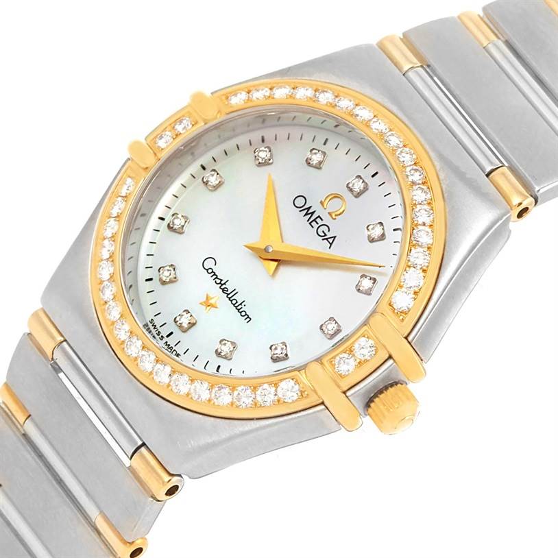 The image shows an angled view of the Omega 1376.75.00 Women's Steel and Gold (two tone) Mother of Pearl Dial 1376.75.00 Women's Steel and Gold (two tone) Mother of Pearl Dial Constellation My Choice Steel Yellow Gold Diamond Watch 1376.75.00, showcasing the face, bezel, and part of the bracelet.