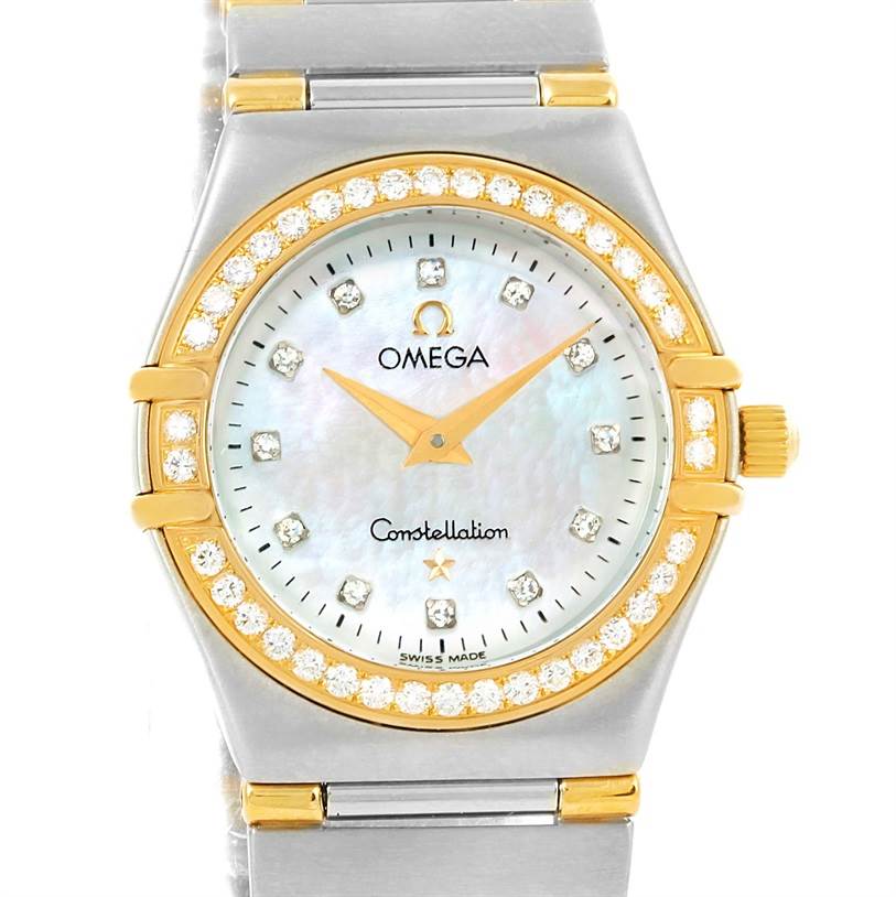 The image shows a frontal view of the Omega 1376.75.00 Women's Steel and Gold (two tone) Mother of Pearl Dial 1376.75.00 Women's Steel and Gold (two tone) Mother of Pearl Dial Constellation My Choice Steel Yellow Gold Diamond Watch 1376.75.00 model, highlighting the face, bezel, and bracelet.
