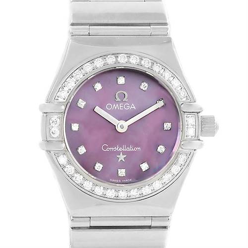 The image shows a front view of the Omega 1457.78.00 Women's Stainless Steel Mother of Pearl Dial 1457.78.00 Women's Stainless Steel Mother of Pearl Dial Constellation My Choice Diamond Limited Edition Watch 1457.78.00, highlighting the dial and bezel.