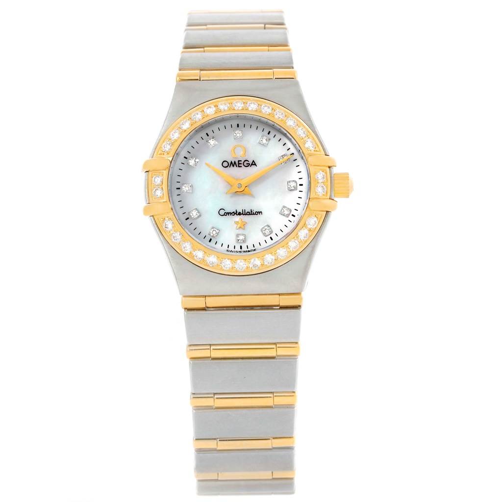 The image shows a front view of the Omega 1267.75.00 Women's Steel and Gold (two tone) Mother of Pearl Dial 1267.75.00 Women's Steel and Gold (two tone) Mother of Pearl Dial Constellation My Choice Mini Steel Gold Diamond Watch 1267.75.00, highlighting its bracelet and diamond bezel.