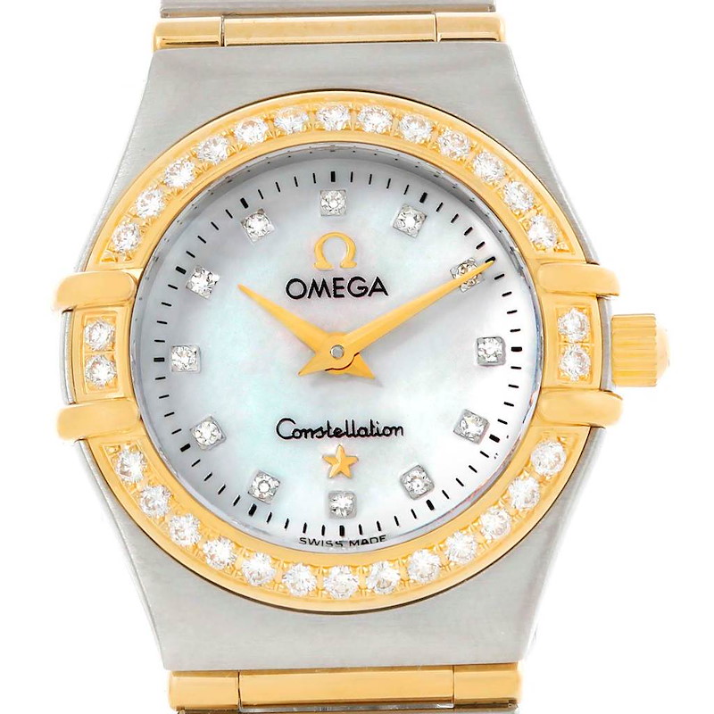 The image shows a front view of the Omega 1267.75.00 Women's Steel and Gold (two tone) Mother of Pearl Dial 1267.75.00 Women's Steel and Gold (two tone) Mother of Pearl Dial Constellation My Choice Mini Steel Gold Diamond Watch 1267.75.00, highlighting its dial, bezel, and crown.
