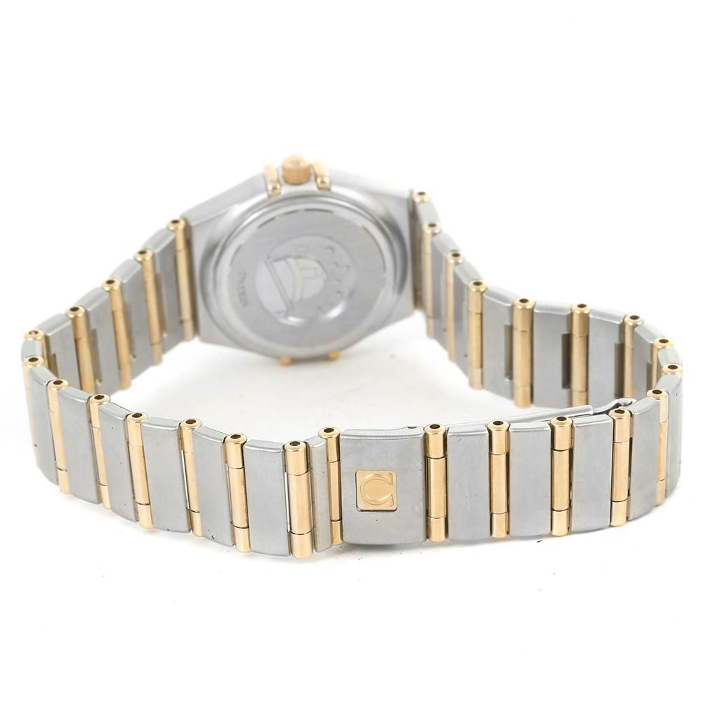 This image shows the back and bracelet of the Omega 1267.75.00 Women's Steel and Gold (two tone) Mother of Pearl Dial 1267.75.00 Women's Steel and Gold (two tone) Mother of Pearl Dial Constellation My Choice Mini Steel Gold Diamond Watch model 1267.75.00.