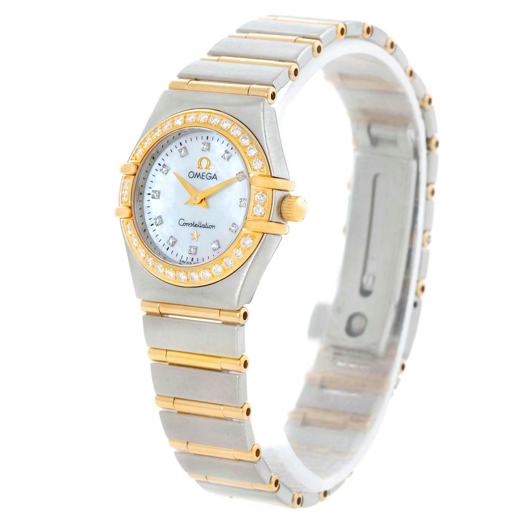 The Omega 1267.75.00 Women's Steel and Gold (two tone) Mother of Pearl Dial 1267.75.00 Women's Steel and Gold (two tone) Mother of Pearl Dial Constellation My Choice Mini Steel Gold Diamond Watch 1267.75.00 is shown at a slight side angle, highlighting the face, bezel, and band.