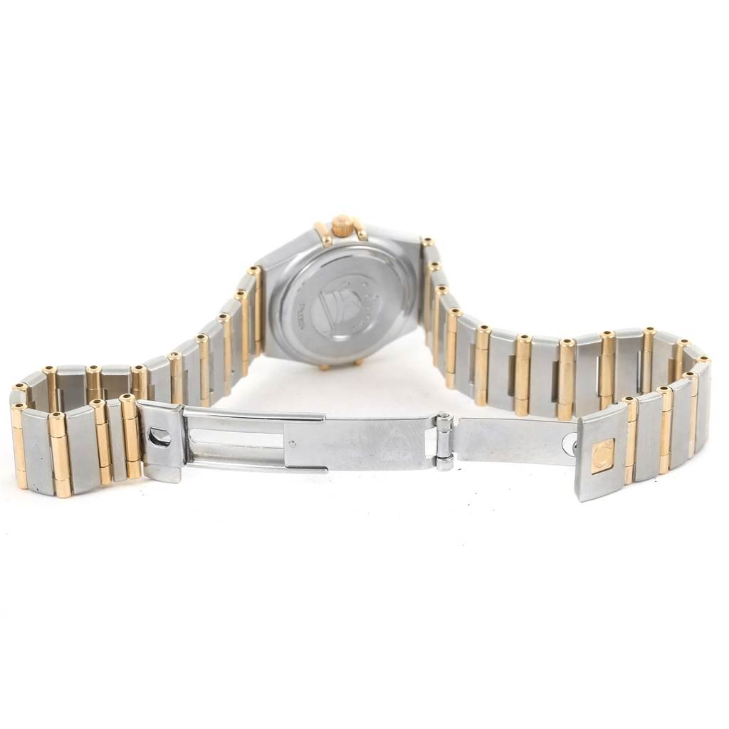 This image shows the back and the open bracelet of the Omega 1267.75.00 Women's Steel and Gold (two tone) Mother of Pearl Dial 1267.75.00 Women's Steel and Gold (two tone) Mother of Pearl Dial Constellation My Choice Mini Steel Gold Diamond Watch 1267.75.00.