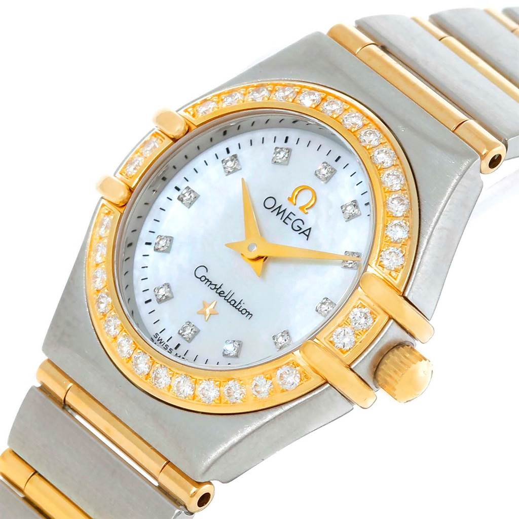 The Omega 1267.75.00 Women's Steel and Gold (two tone) Mother of Pearl Dial 1267.75.00 Women's Steel and Gold (two tone) Mother of Pearl Dial Constellation My Choice Mini Steel Gold Diamond Watch 1267.75.00 is shown at a slight angle featuring its face, bezel, and partial bracelet.
