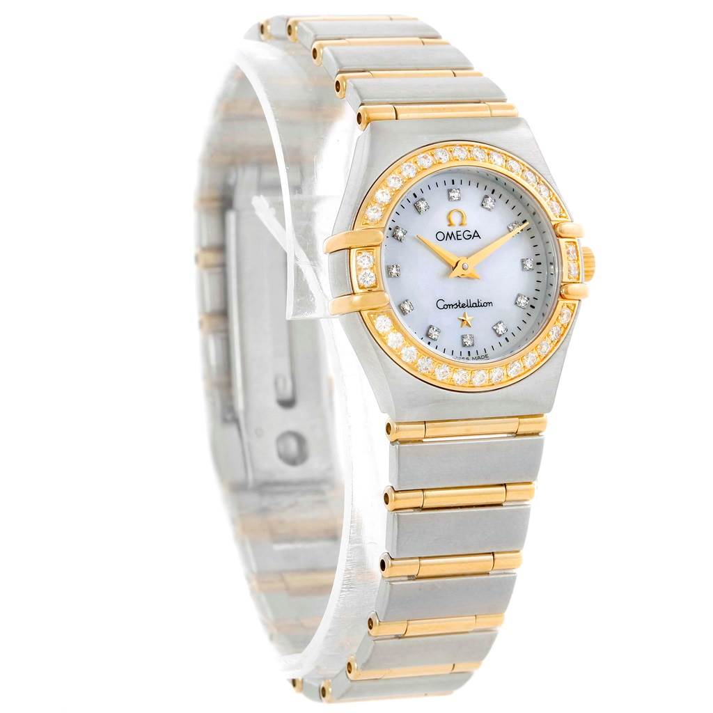 The image shows the Omega 1267.75.00 Women's Steel and Gold (two tone) Mother of Pearl Dial 1267.75.00 Women's Steel and Gold (two tone) Mother of Pearl Dial Constellation My Choice Mini Steel Gold Diamond Watch 1267.75.00 at a 3/4 angle, displaying the face and bracelet.